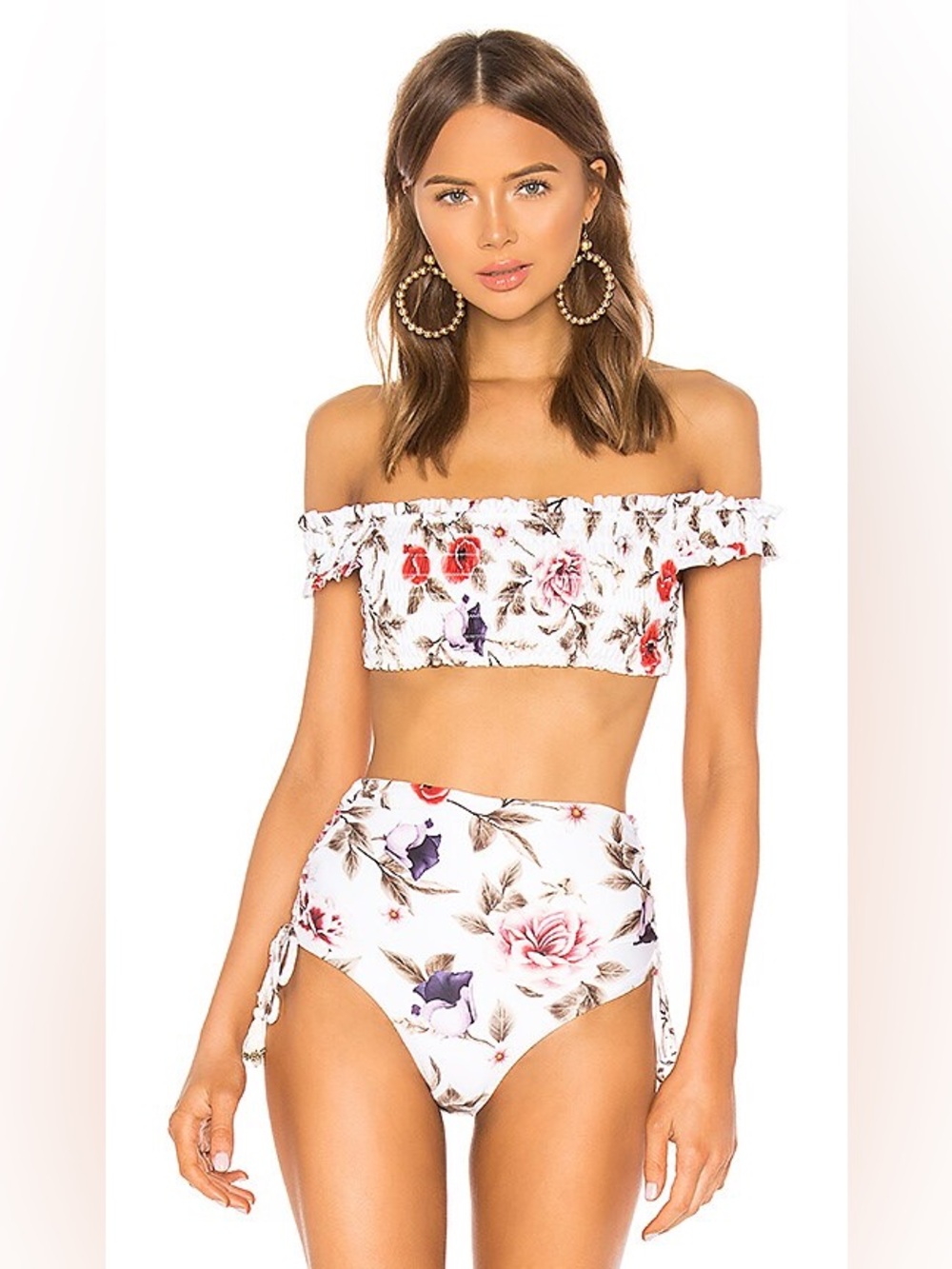 Set Agua Bendita White Floral Off-Shoulder Bikini Size S